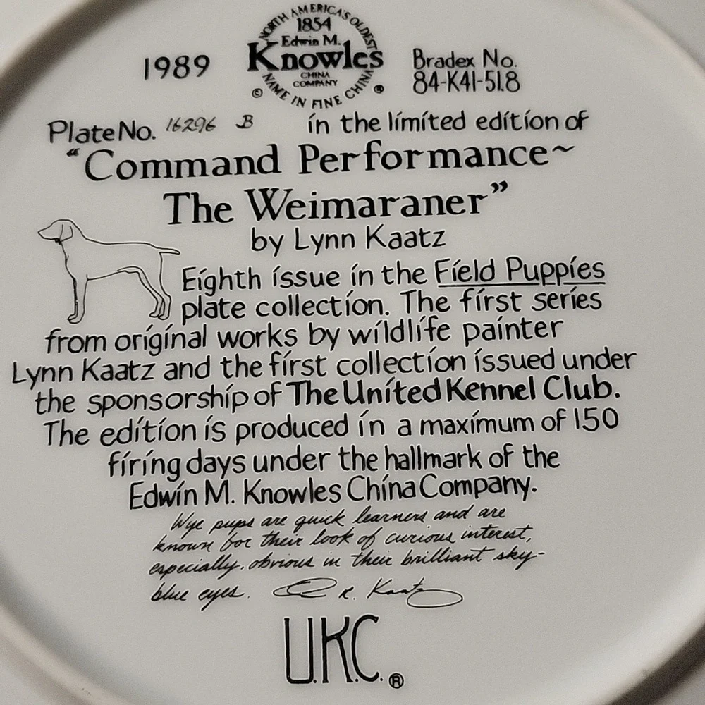 Vtg 89 Weimaraner Field Puppies Command Performance United Kennel Club Dog Plate